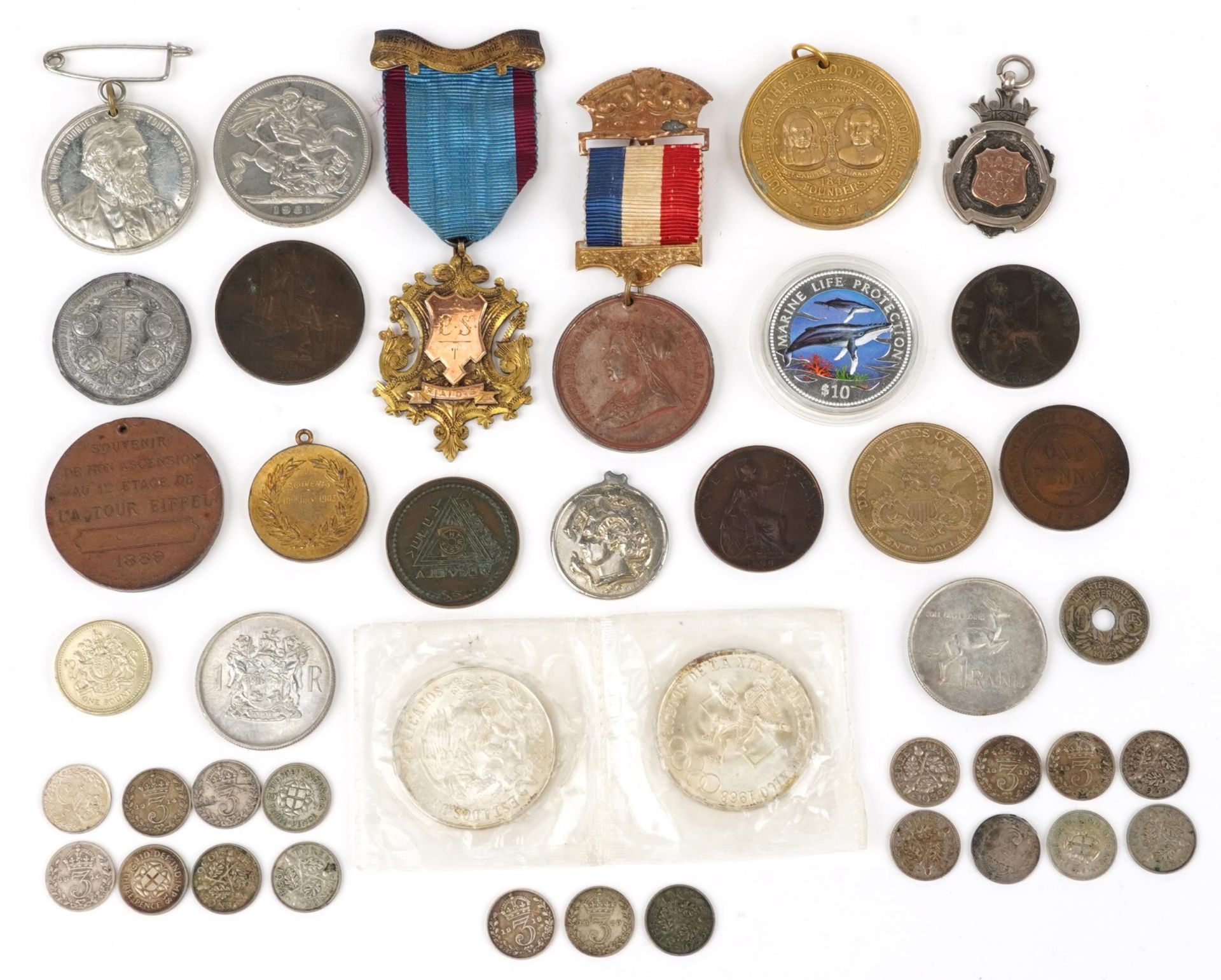Antique and later coins and medallions, some silver, including 1968 Olympics and a Jubilee of Band