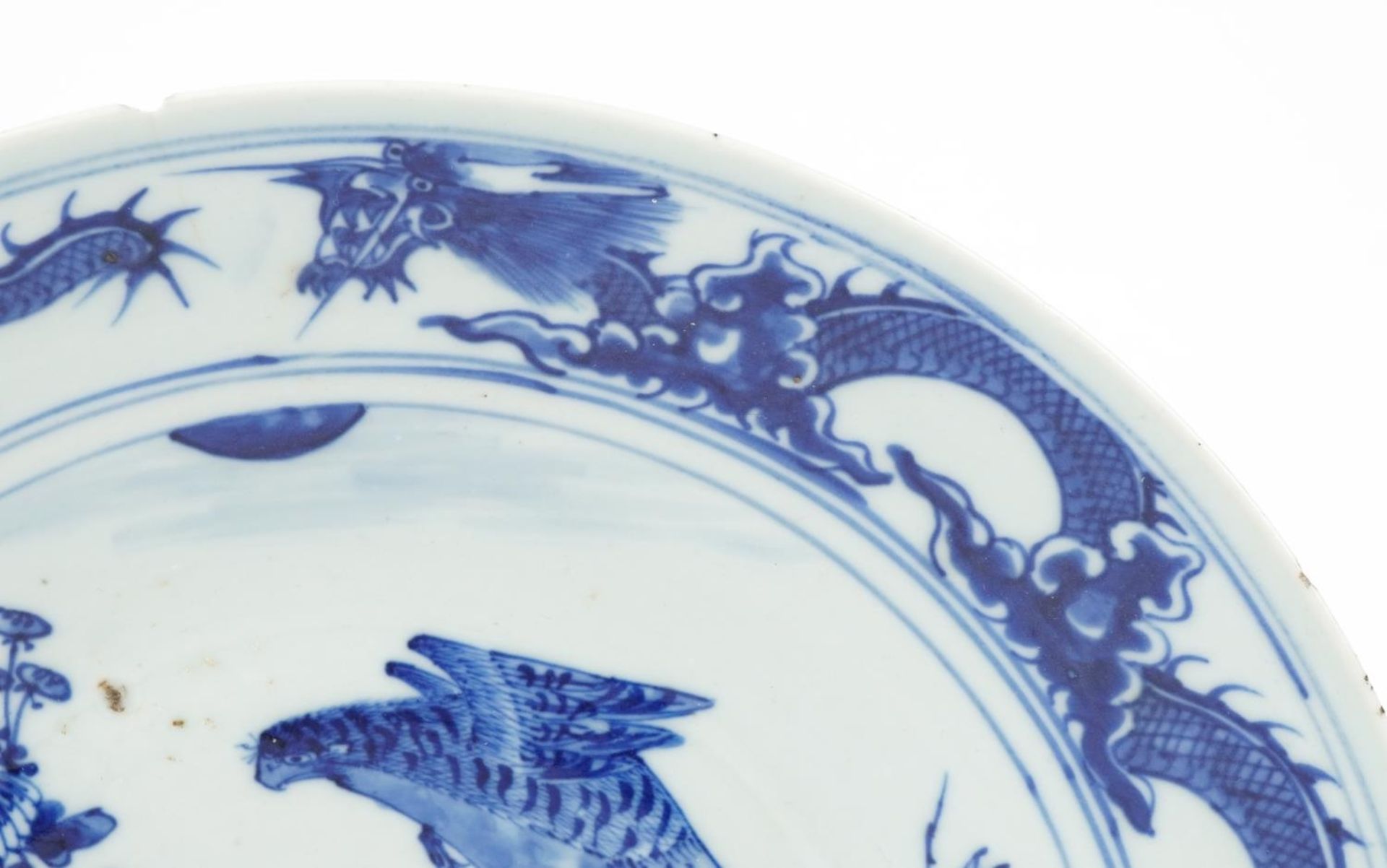 Chinese blue and white porcelain shallow dish hand painted with a falcon amongst flowers and - Image 2 of 3