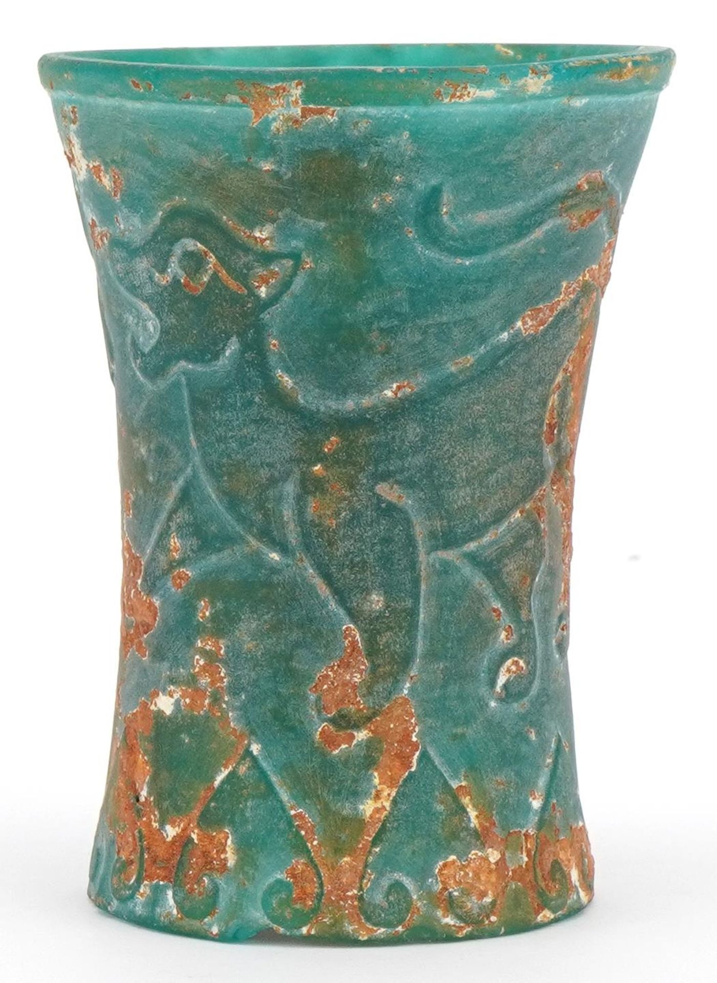 Chinese archaic style turquoise glass beaker decorated with mythical animals, 10.5cm high : For - Image 2 of 6