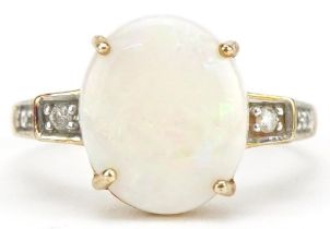 9ct gold opal ring with diamond set shoulders, size N, 2.2g : For further information on this lot