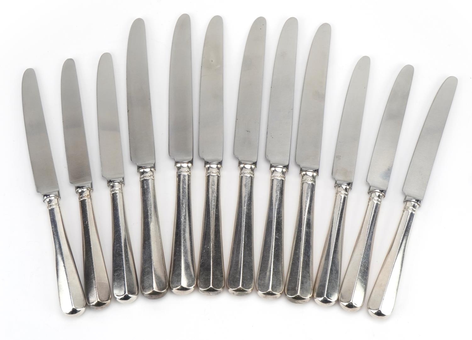William Bush & Son Ltd, two sets of six silver handled knives, Sheffield 1970, 24cm in length, total