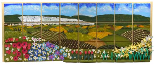 Large mixed media and ceramic tile wall sculpture of Sussex Downs with flowers created by visually