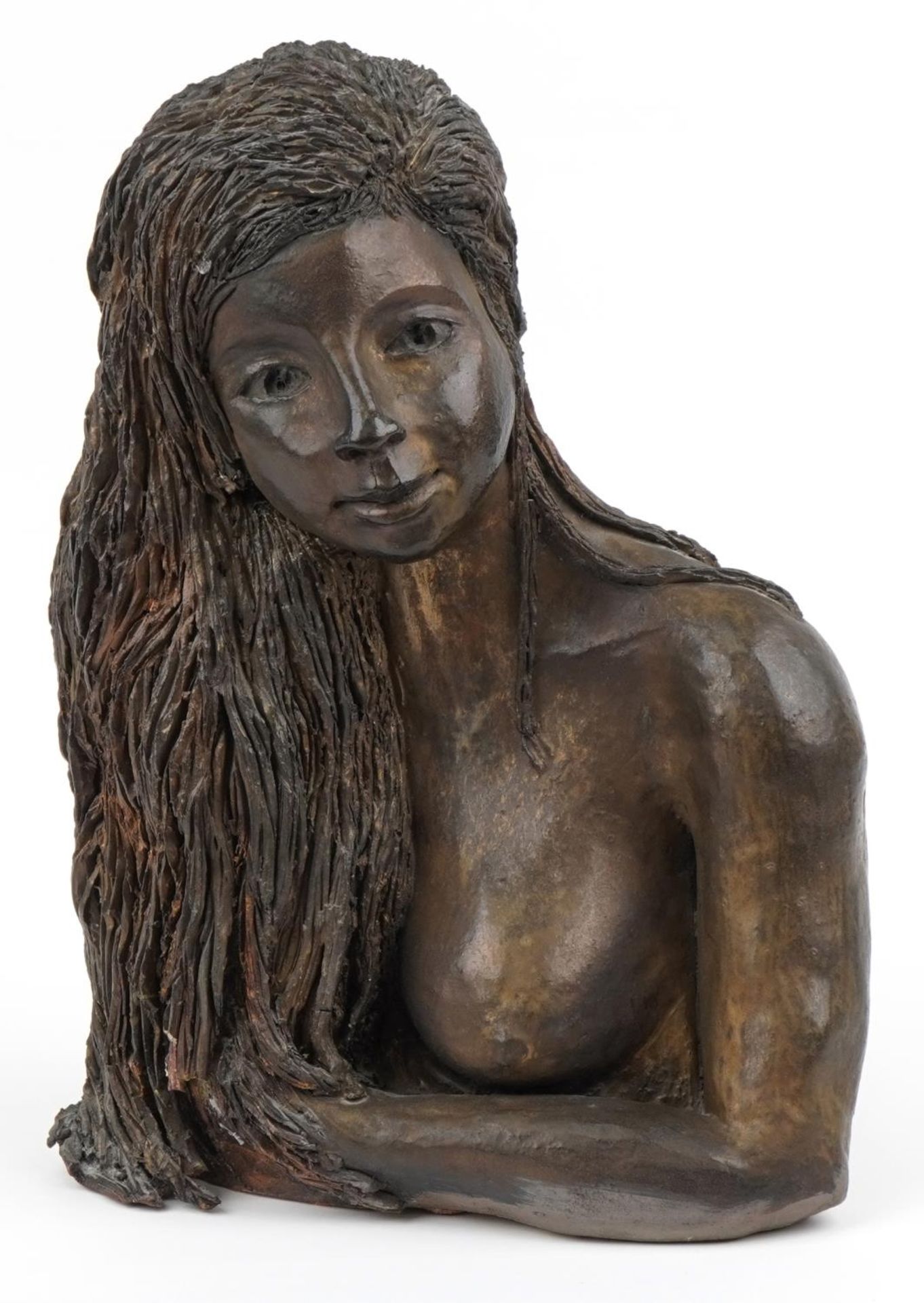 Brenda Hamblin, Chloe, bronzed pottery bust of a nude female with What If Gallery paperwork, 42cm