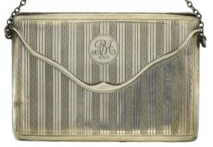 Colen Hewer Cheshire, Art Deco silver chatelaine card case, Chester 1920, 10cm x 7.5cm, 82.7g :