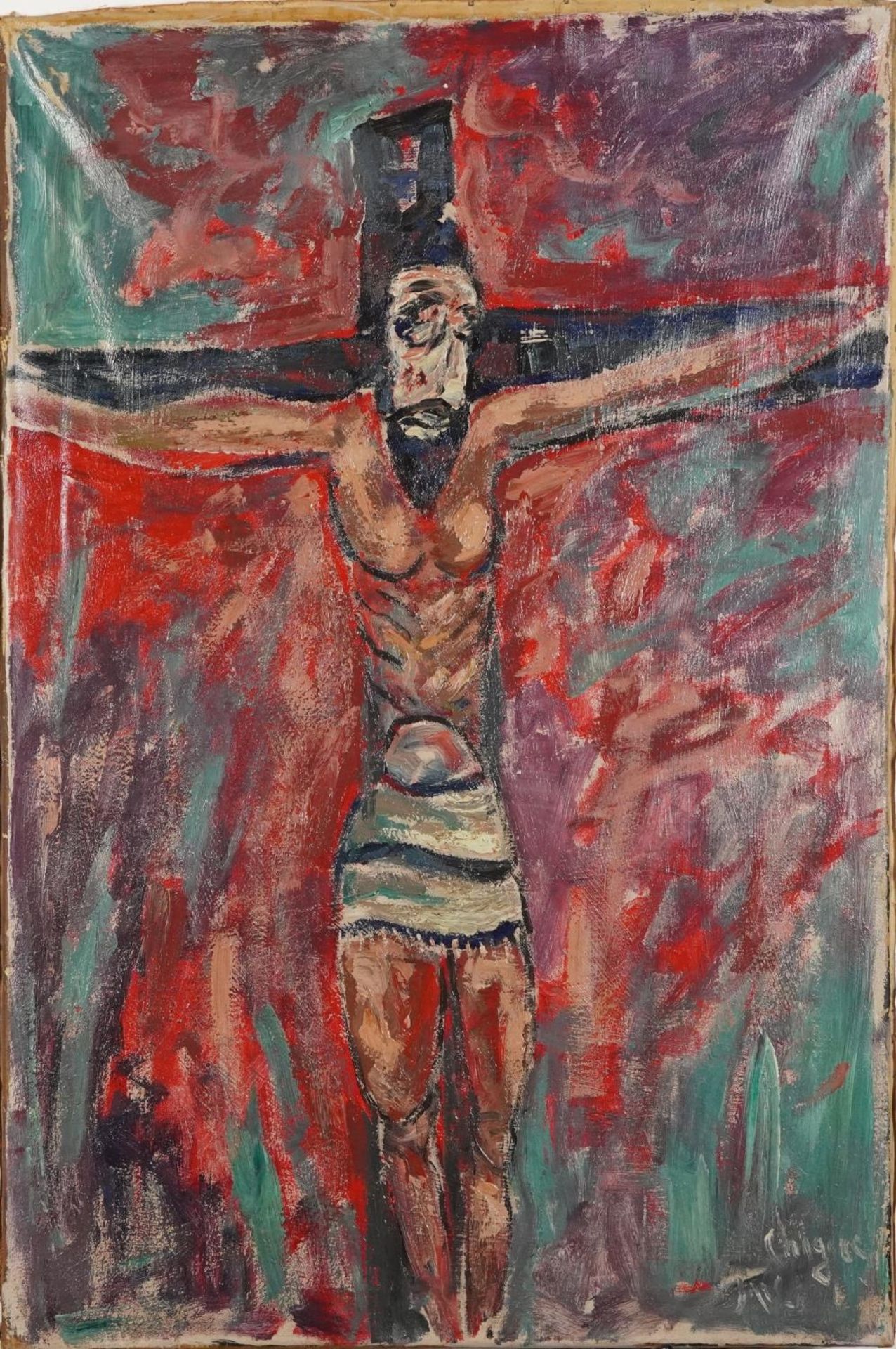 Figure bound to a cross, oil on canvas, unframed, 90cm x 61cm : For further information on this