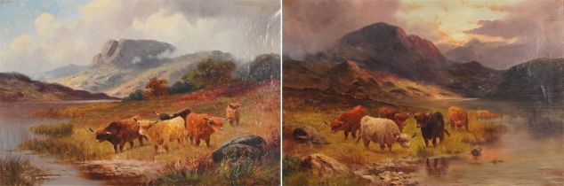 Charles W Oswald - Scottish Highland scenes with cattle, pair of 19th century oil on canvases,