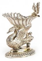 Continental unmarked silver pedestal sweetmeat dish in the form of a swan surmounted with a shell