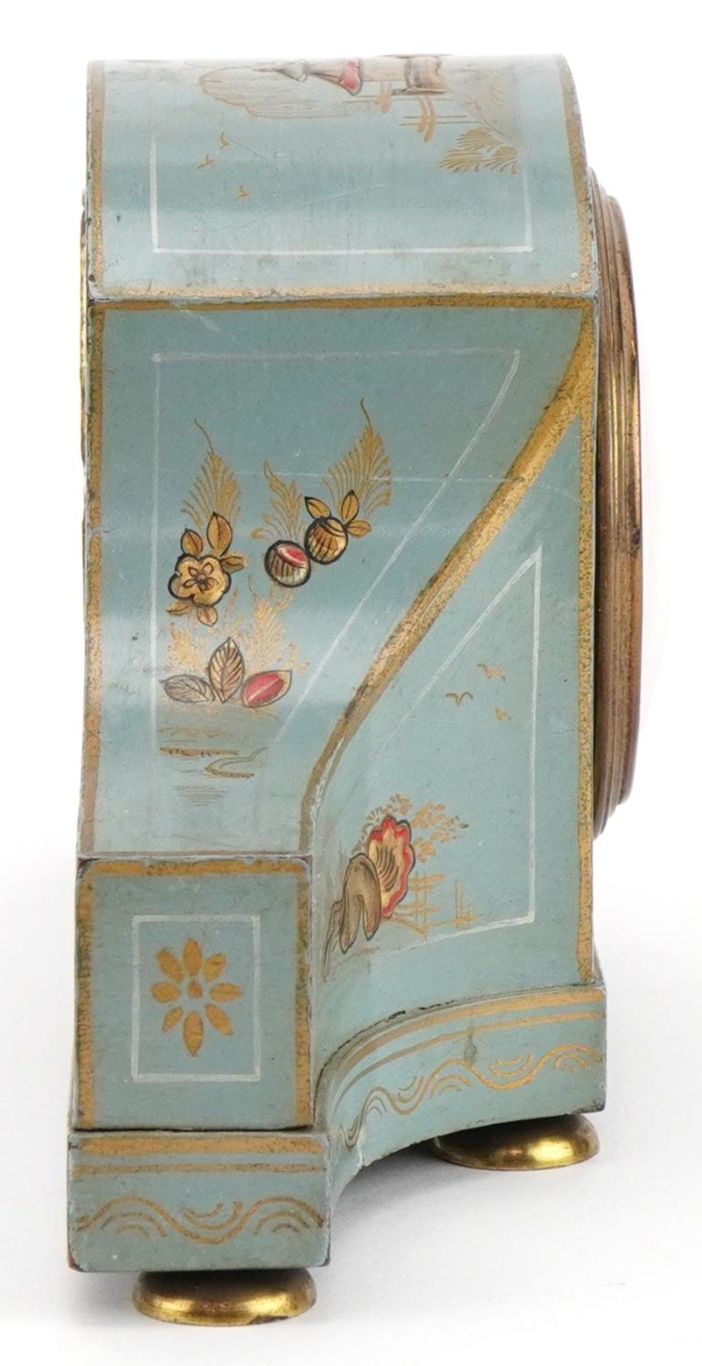 Early 20th century blue chinoiserie lacquered mantle clock hand painted with figures and pagodas, - Image 5 of 7
