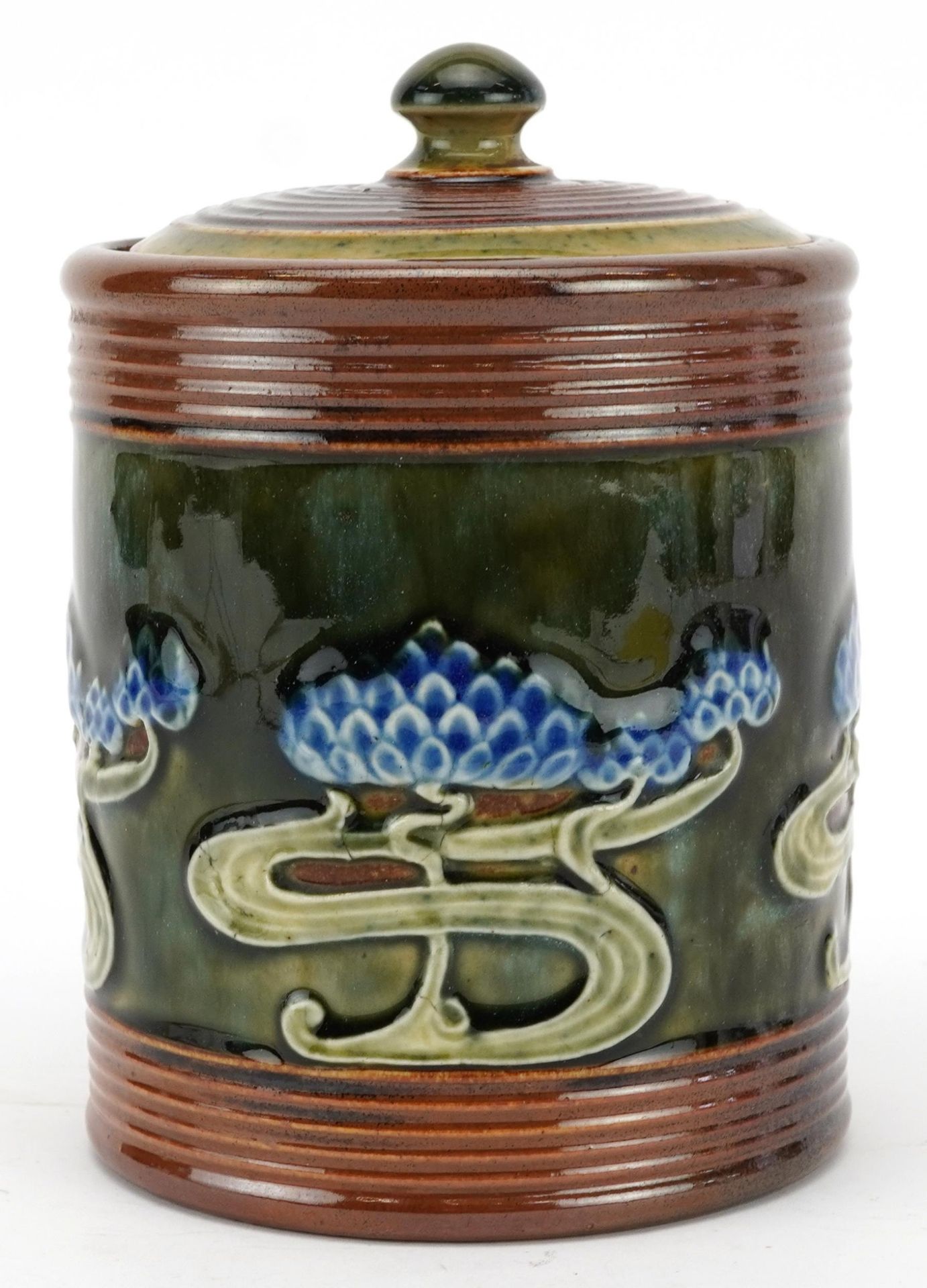 Royal Doulton, Art Nouveau stoneware tobacco jar and cover hand painted with stylised flowers, - Image 2 of 4