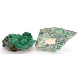 Two large geology interest natural history green malachite specimens, the largest 28cm wide : For
