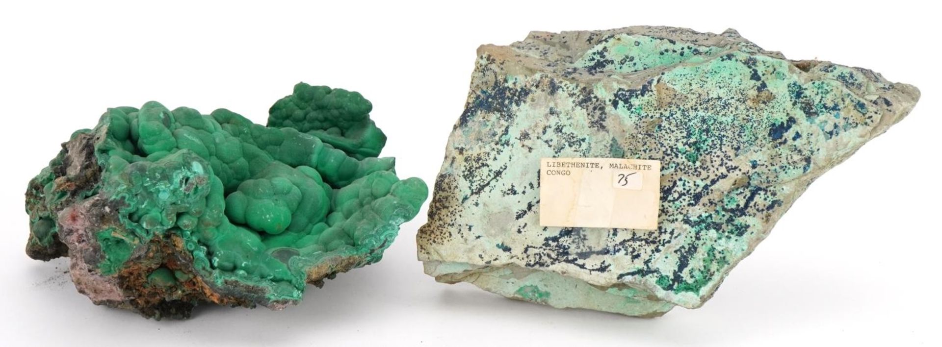 Two large geology interest natural history green malachite specimens, the largest 28cm wide : For