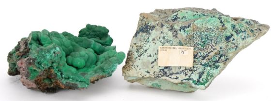 Two large geology interest natural history green malachite specimens, the largest 28cm wide : For