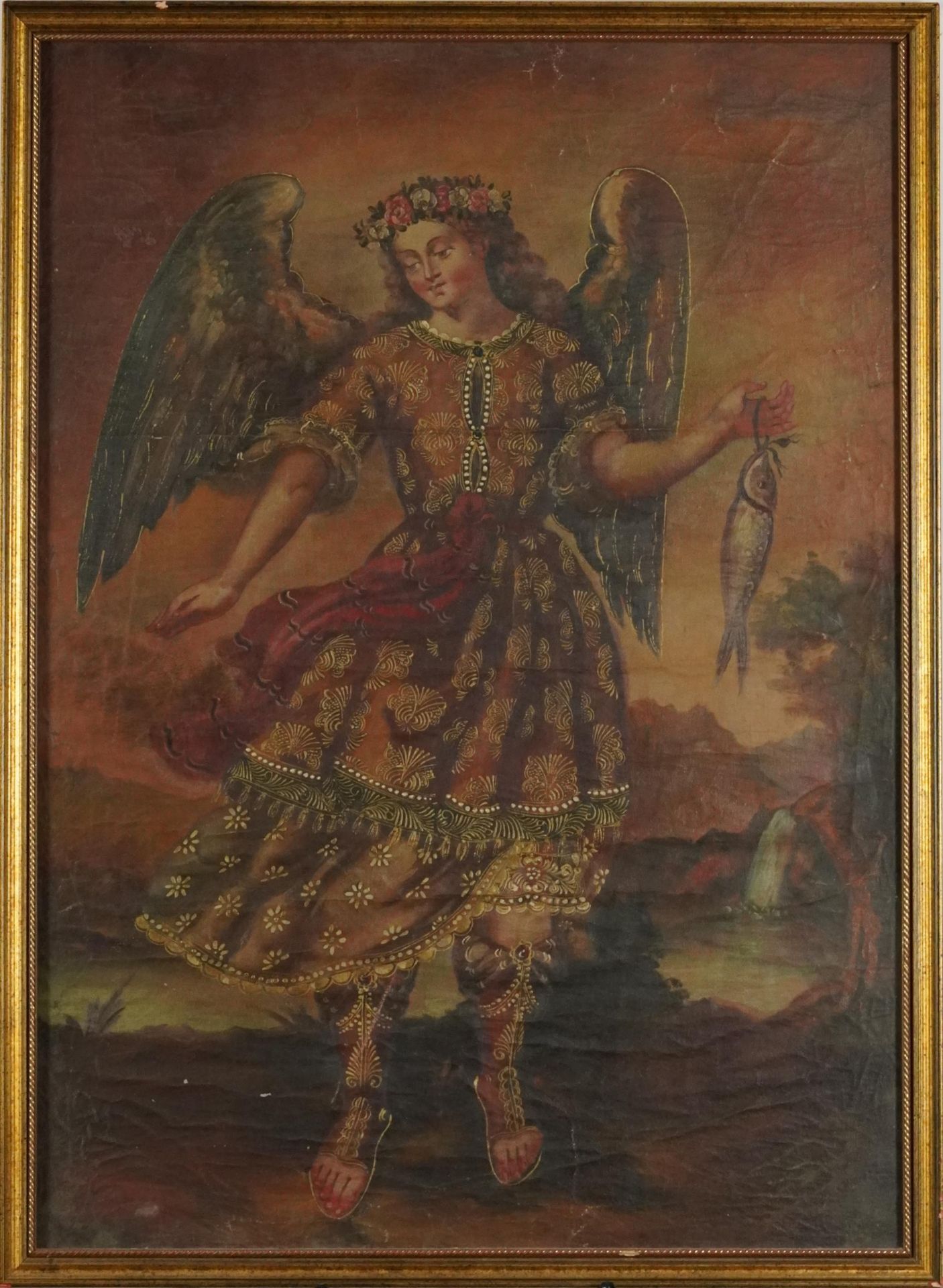 St Michael The Archangel, antique Cuzco School oil on canvas, framed and glazed, 66.5cm x 47.5cm, - Bild 2 aus 3