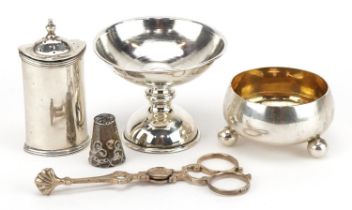 Victorian and later silver including a pair of sugar tongs, caster and open salt, the largest 10.5cm