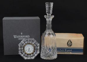 Waterford Crystal mantle clock and decanter with boxes, the largest 25.5cm high : For further