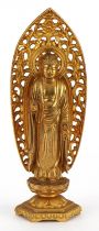 Japanese gilt bronze figure of Amida Nyorai Buddha, character marks to the reverse, 16cm high :