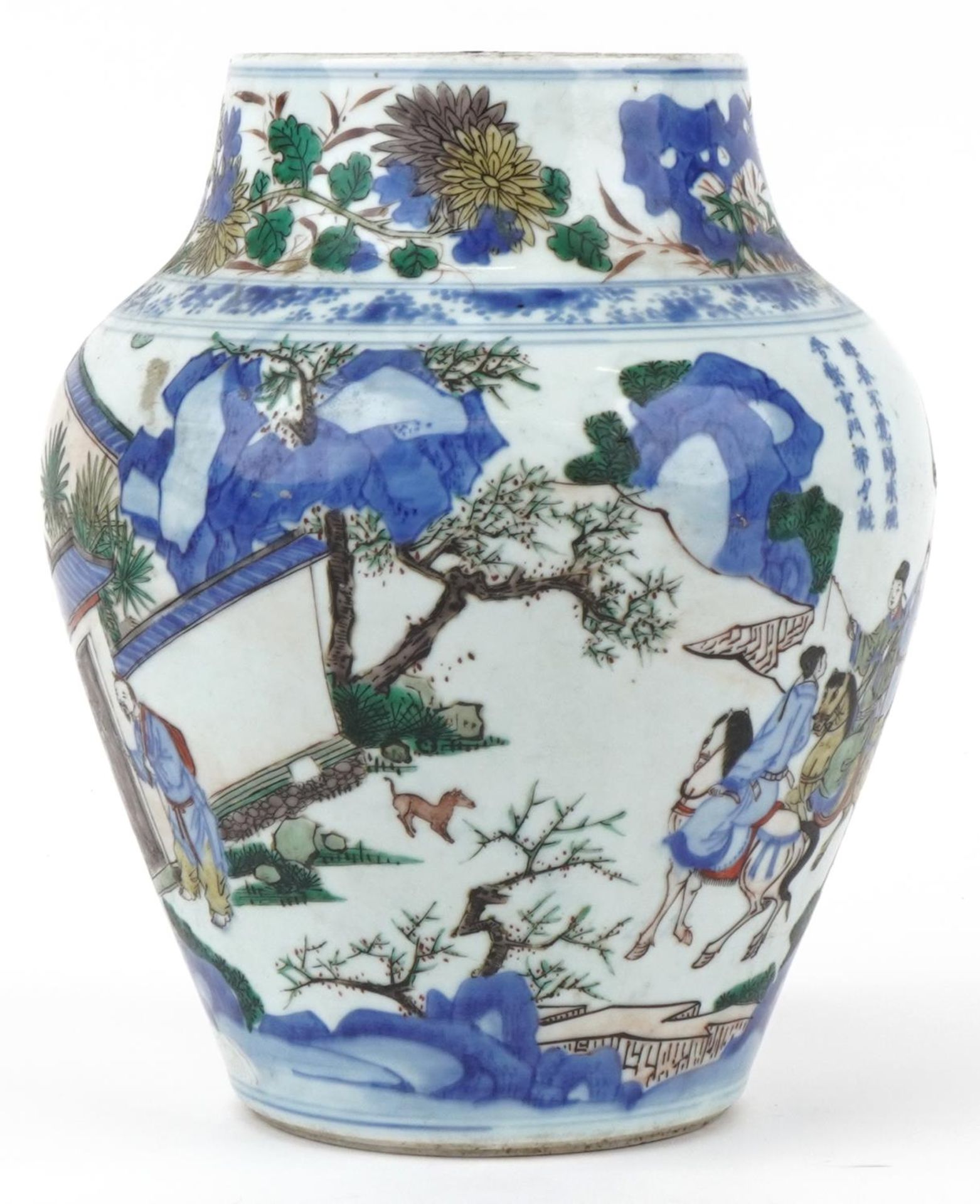 Large Chinese doucai porcelain vase hand painted with a figure on horseback and attendants - Image 2 of 7