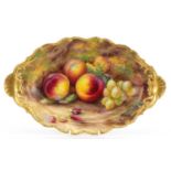 Horace Price for Royal Worcester, porcelain twin handled dish hand painted with fruit, 31.5cm wide :
