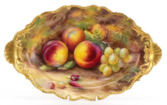 Horace Price for Royal Worcester, porcelain twin handled dish hand painted with fruit, 31.5cm wide :