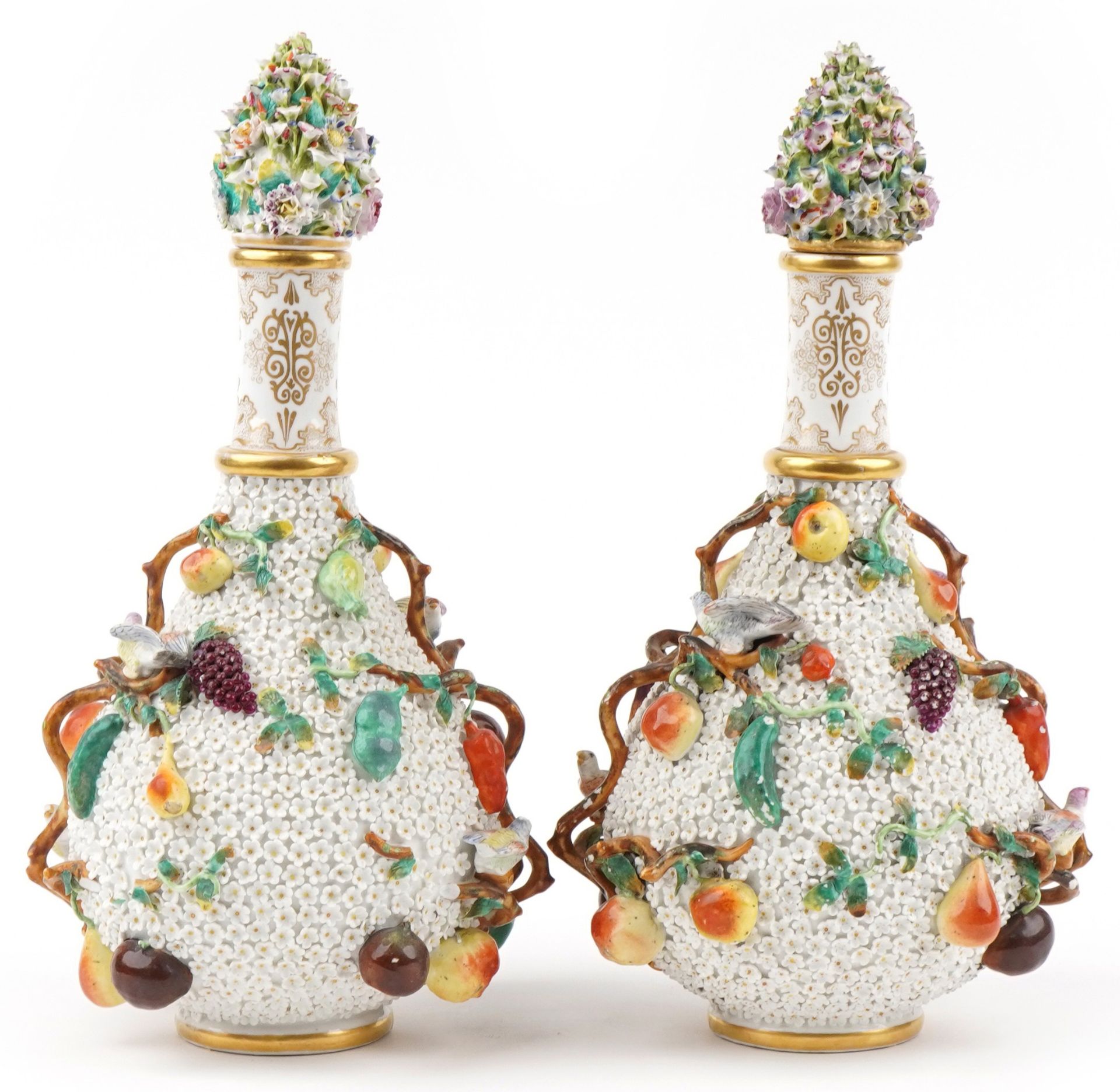Meissen, large pair of 19th century German floral encrusted bottles with stoppers decorated in - Image 9 of 13