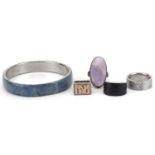Vintage and later jewellery including white metal amethyst ring and a white metal enamelled bangle :