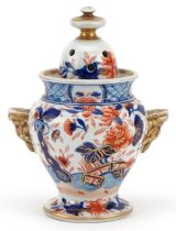 Masons, 19th century ironstone pot pourri vase and cover with handles decorated in the Imari