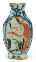 Chinese blue and white with iron red porcelain snuff bottle hand painted with two figures, 6.5cm