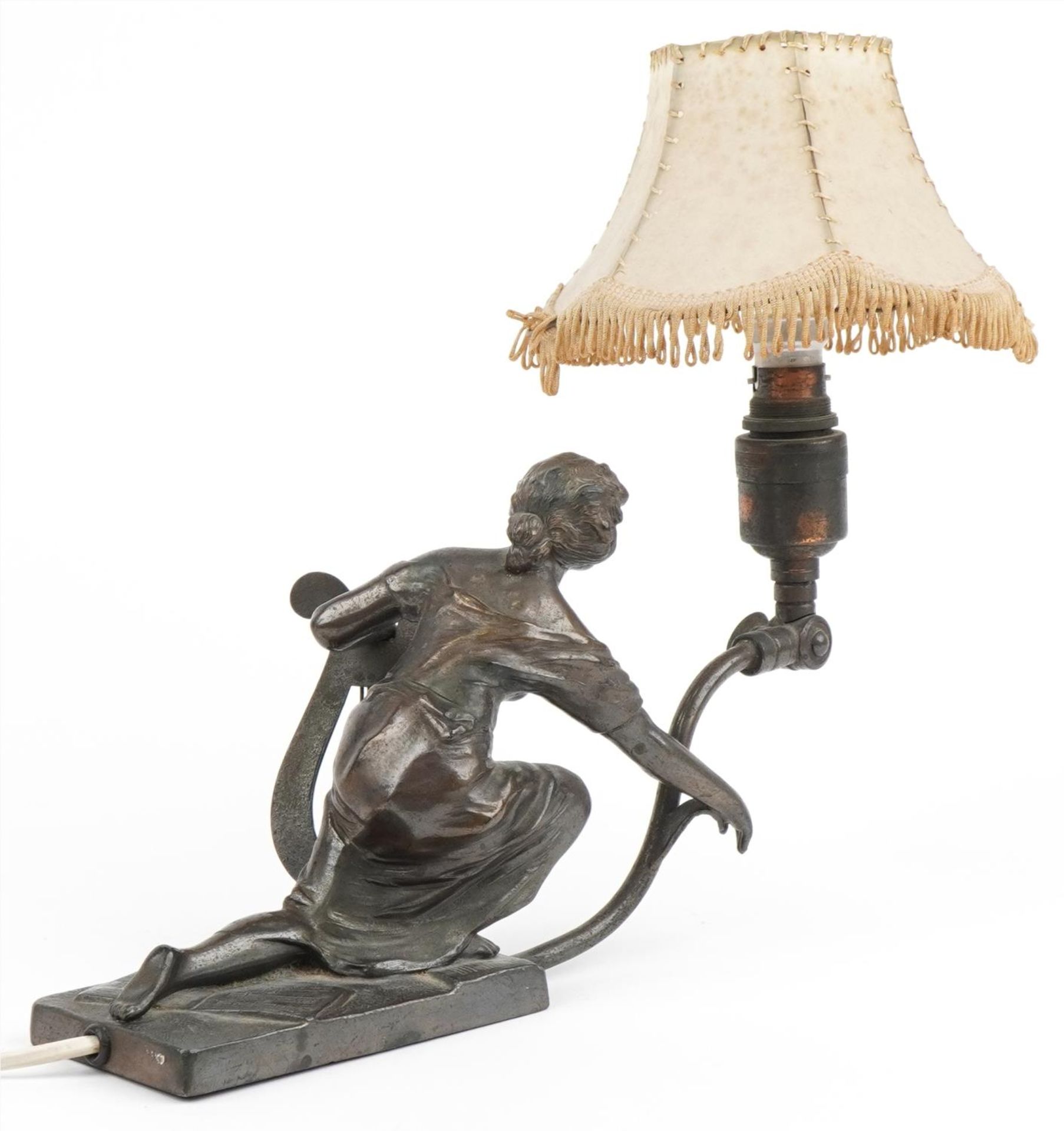 Early 20th century classical bronze table lamp with shade in the form of a female with a lyre, - Image 2 of 3