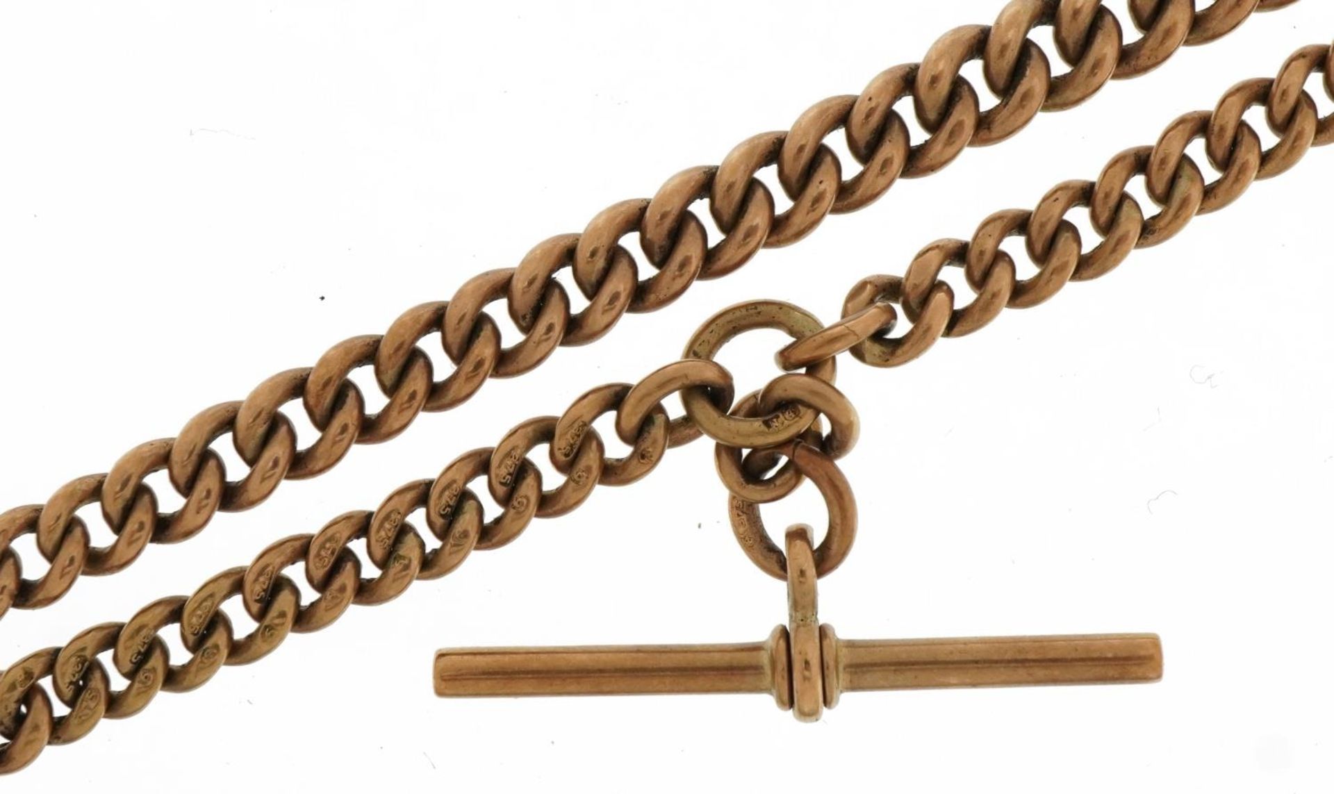 9ct rose gold graduated watch chain with T bar and dog clip, 32cm in length, 32.4g : For further