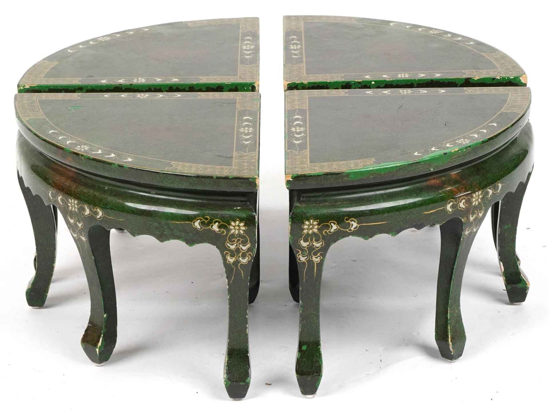 Nest of five Chinese green lacquered coffee and occasional tables hand painted with birds amongst - Image 4 of 5