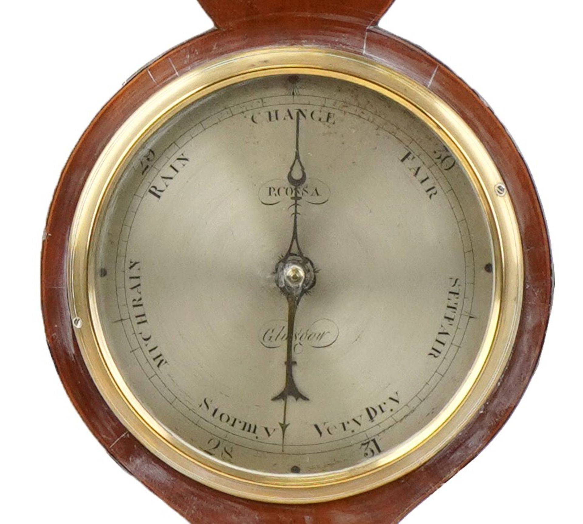 Antique mahogany banjo wall barometer with thermometer inlaid with shells and flower heads having - Image 2 of 5