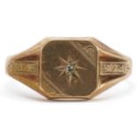 9ct gold signet ring set with a diamond, size X, 3.5g : For further information on this lot please