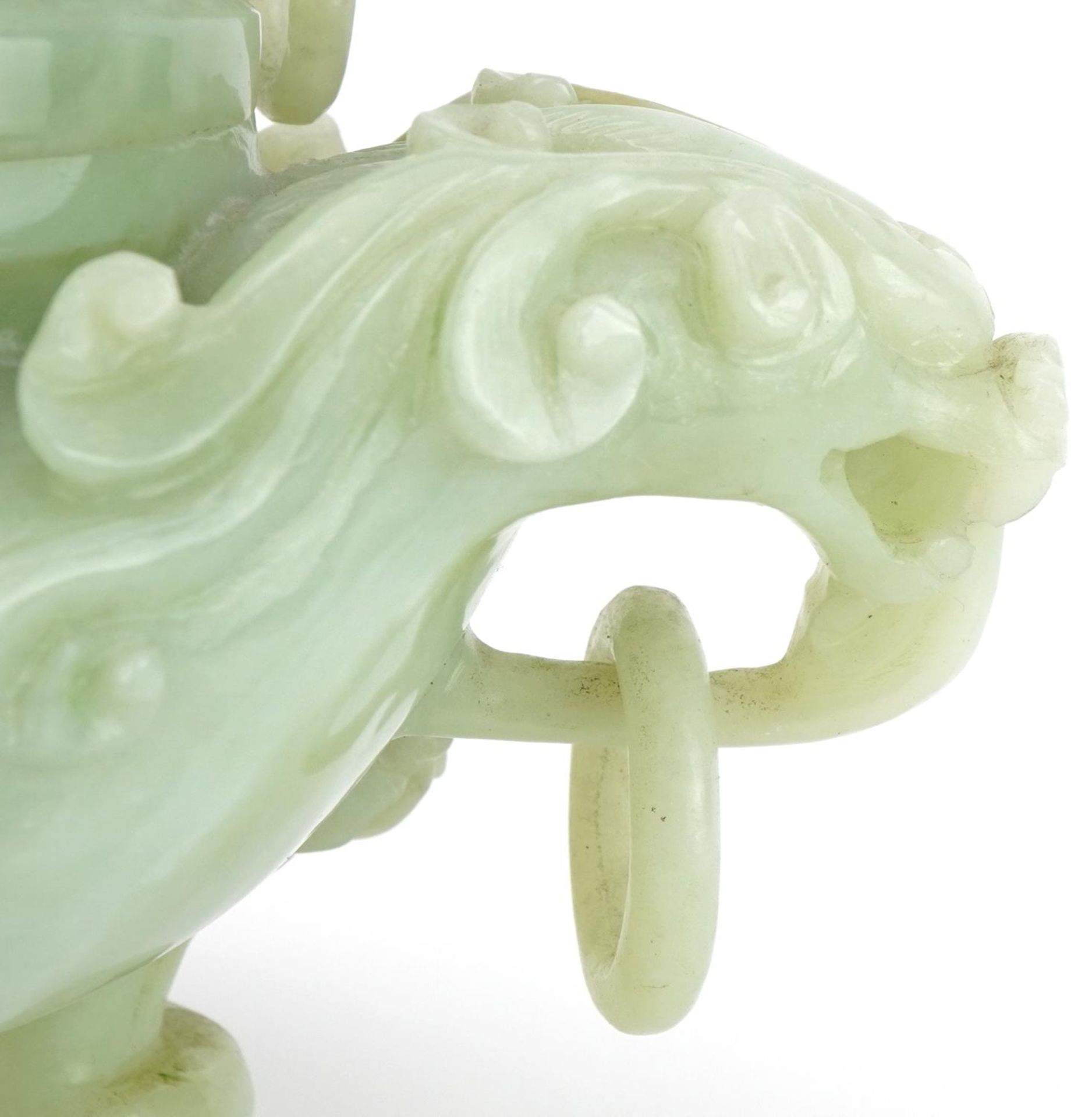 Chinese carved green hardstone lidded tripod censer with ring turned dragon handles, 19.5cm wide : - Image 2 of 9