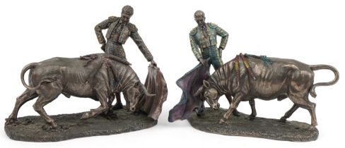 Two Sigris bronzed groups of Spanish bullfighters with bulls, each 30cm wide : For further