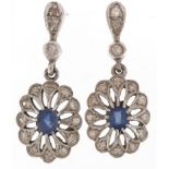 Pair of 18ct white gold iolite and diamond drop earrings, 2.3cm high, 4.1g : For further information