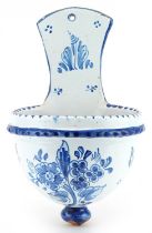 Talavera, Spanish tin glazed pottery water stoup hand painted with flowers, 31cm high : For