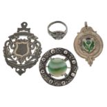 Silver jewellery and jewels including Scottish silver cabochon agate brooch and Celtic cross ring,