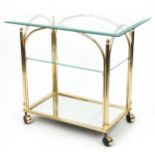 Contemporary Italian style brass trolley with rectangular glass top, glass shelf and mirrored