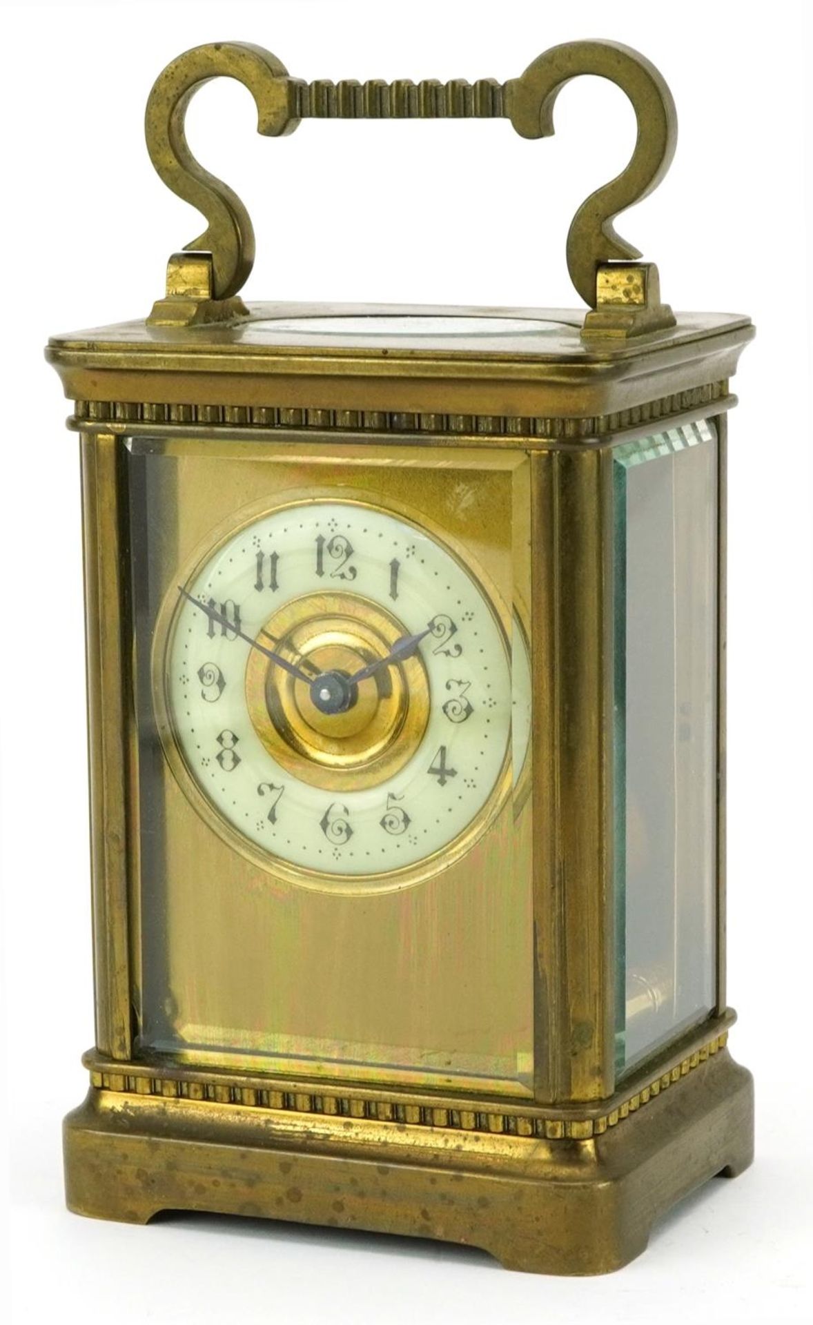 French brass cased carriage clock with enamelled chapter ring having Arabic numerals, 11.5cm high