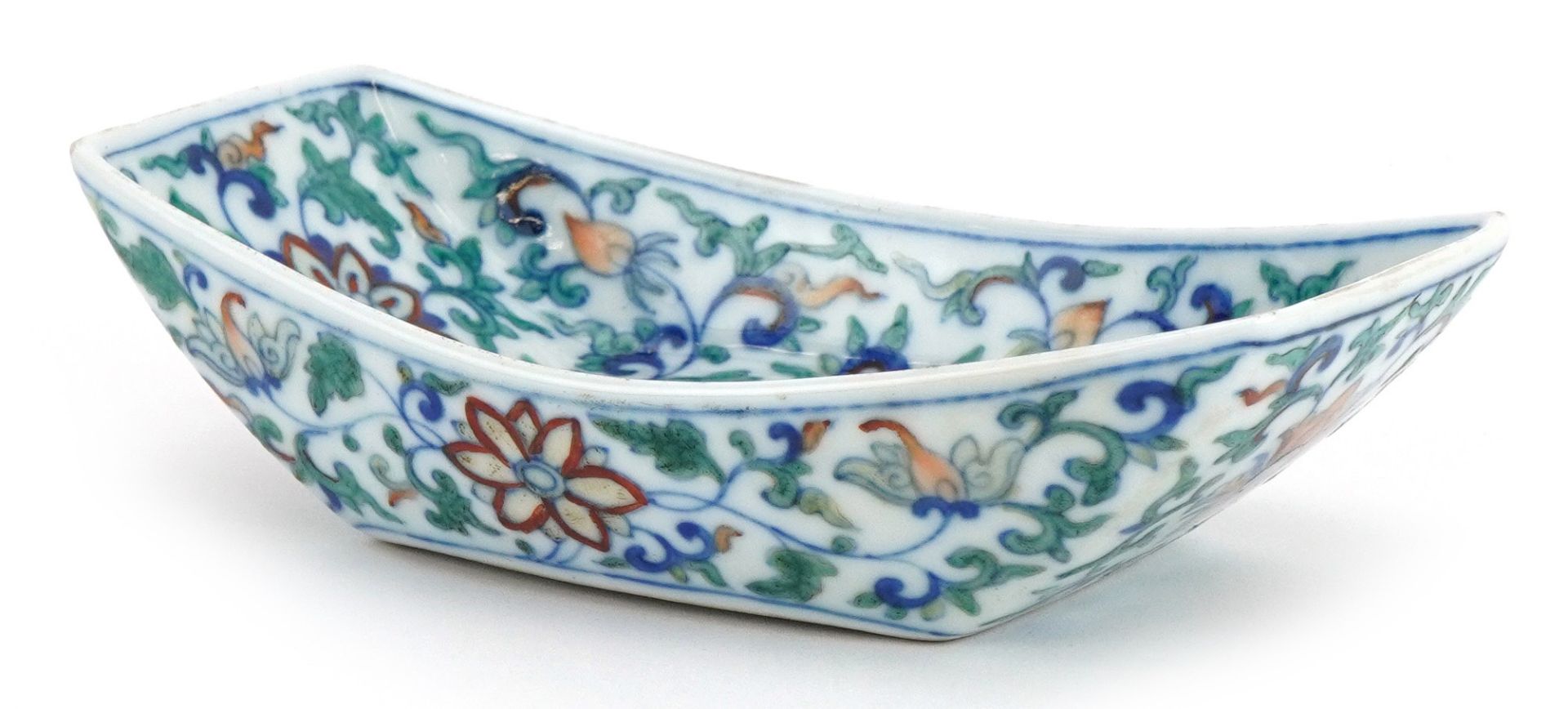 Chinese doucai porcelain saucer hand painted with flowers amongst scrolling foliage, six figure