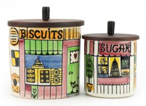Anita Nyloud for Jie Gantofta, two mid century Swedish storage jars with hardwood lids comprising