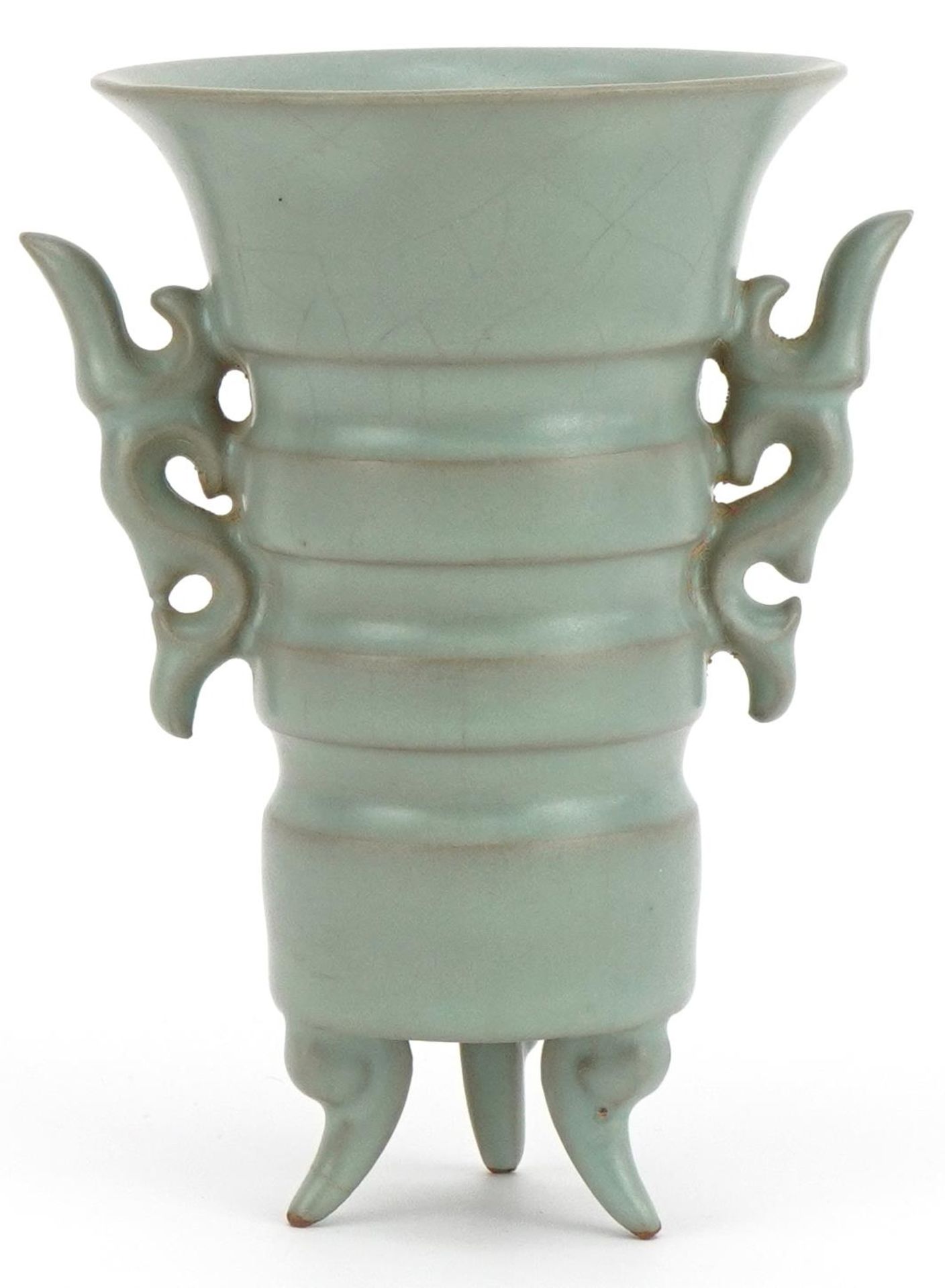 Chinese porcelain tripod vase with twin handles having a celadon glaze, 15.5cm high : For further