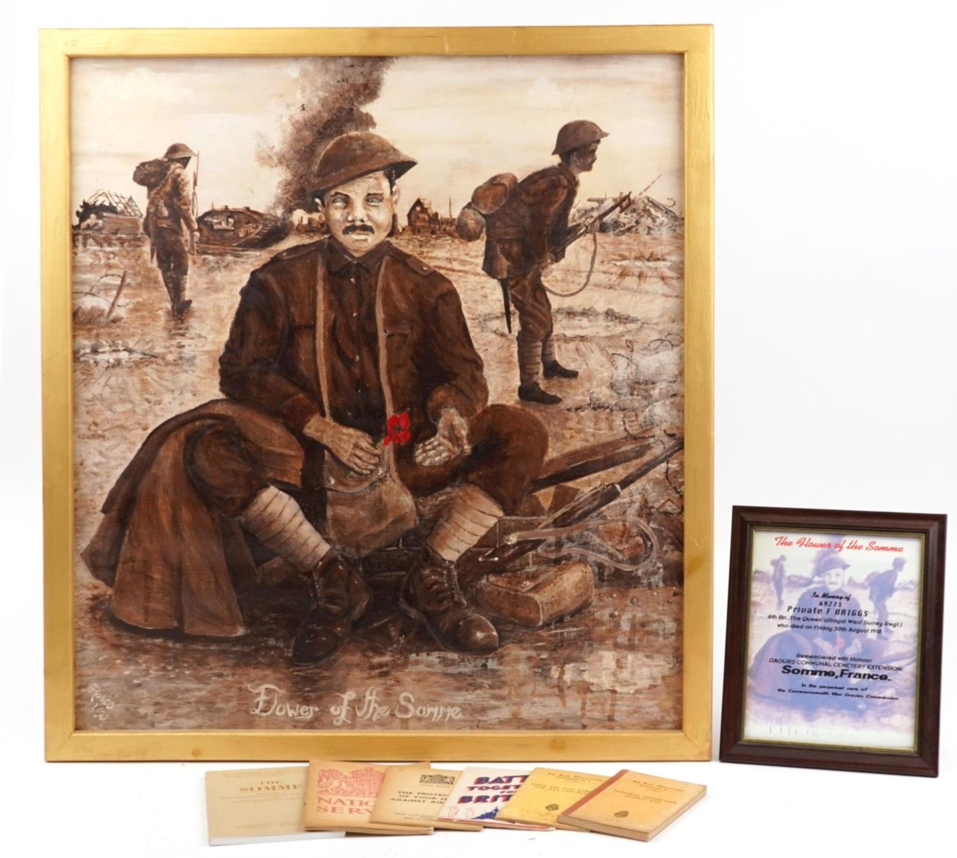 Militaria including an oil on board of three soldiers entitled Dower of The Somme, inscribed verso