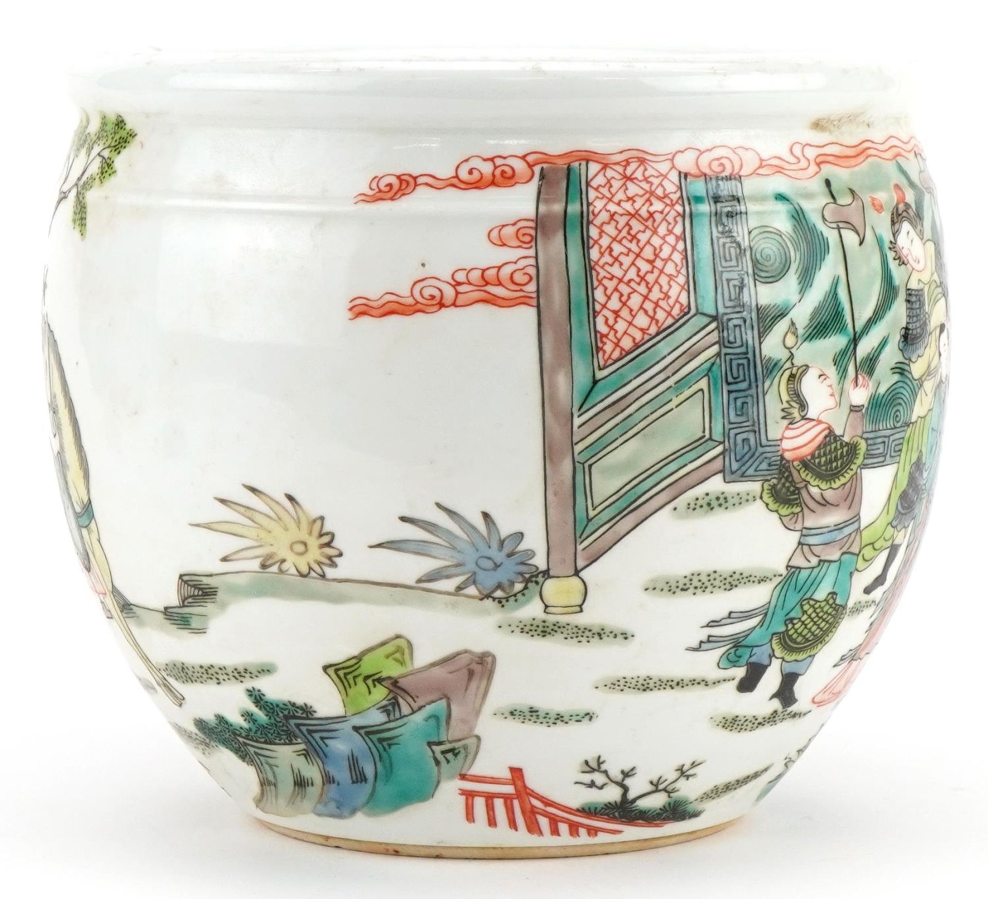 Chinese porcelain jardiniere hand painted in the famille verte palette with warriors and - Image 4 of 7