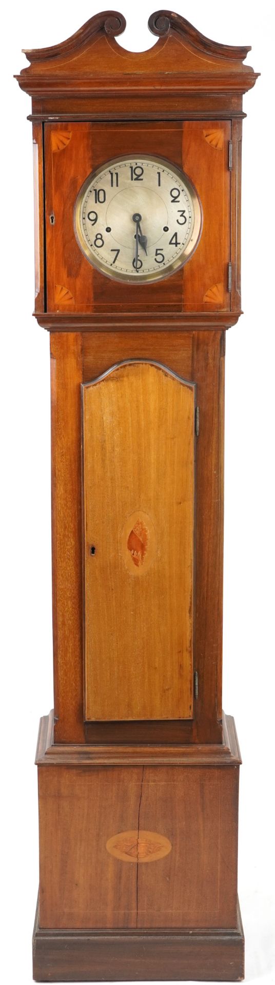 19th century inlaid mahogany cased grandmother clock with silvered dial having Arabic numerals,