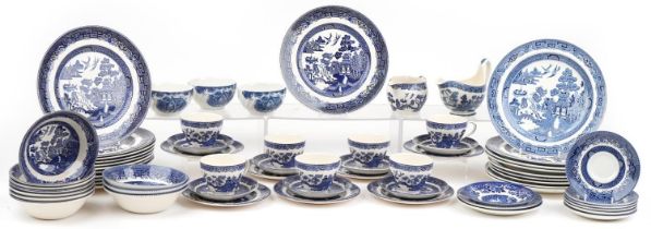 Wedgwood, Booth's and other willow pattern tea and dinnerware including plates, the largest 25.5cm