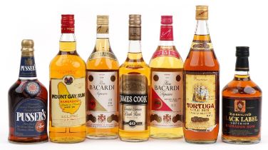 Seven bottles of rum, four one litres comprising Mount Gay Bacardi, James Cook, Tortuga, Pussers and