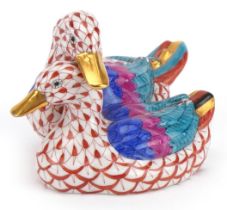 Herend, Hungarian hand painted porcelain group of two ducks, factory marks and numbered 5036 to