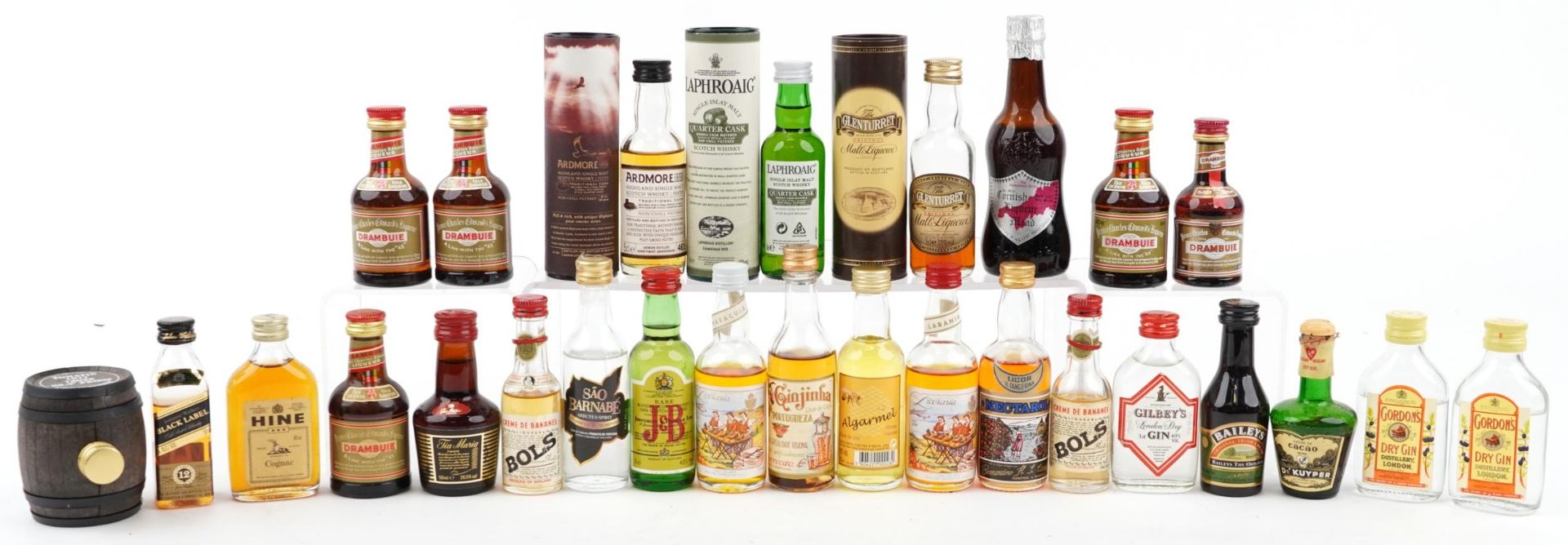 Alcohol miniatures including Laphroaig whisky, Gordons gin and Johnnie Walker Black Label whisky :