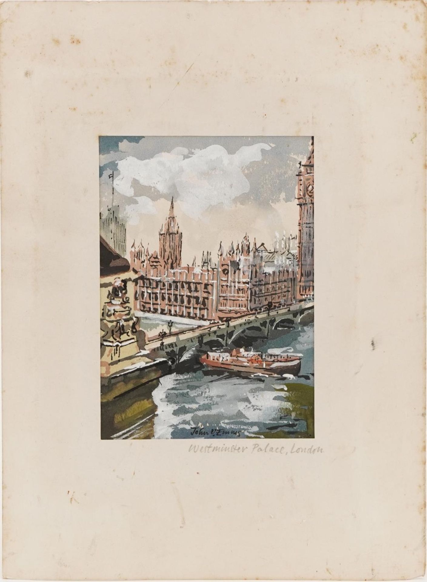 John Emms - Westminster Palace London, watercolour, mounted, unframed, 16cm x 11cm : For further - Image 3 of 8